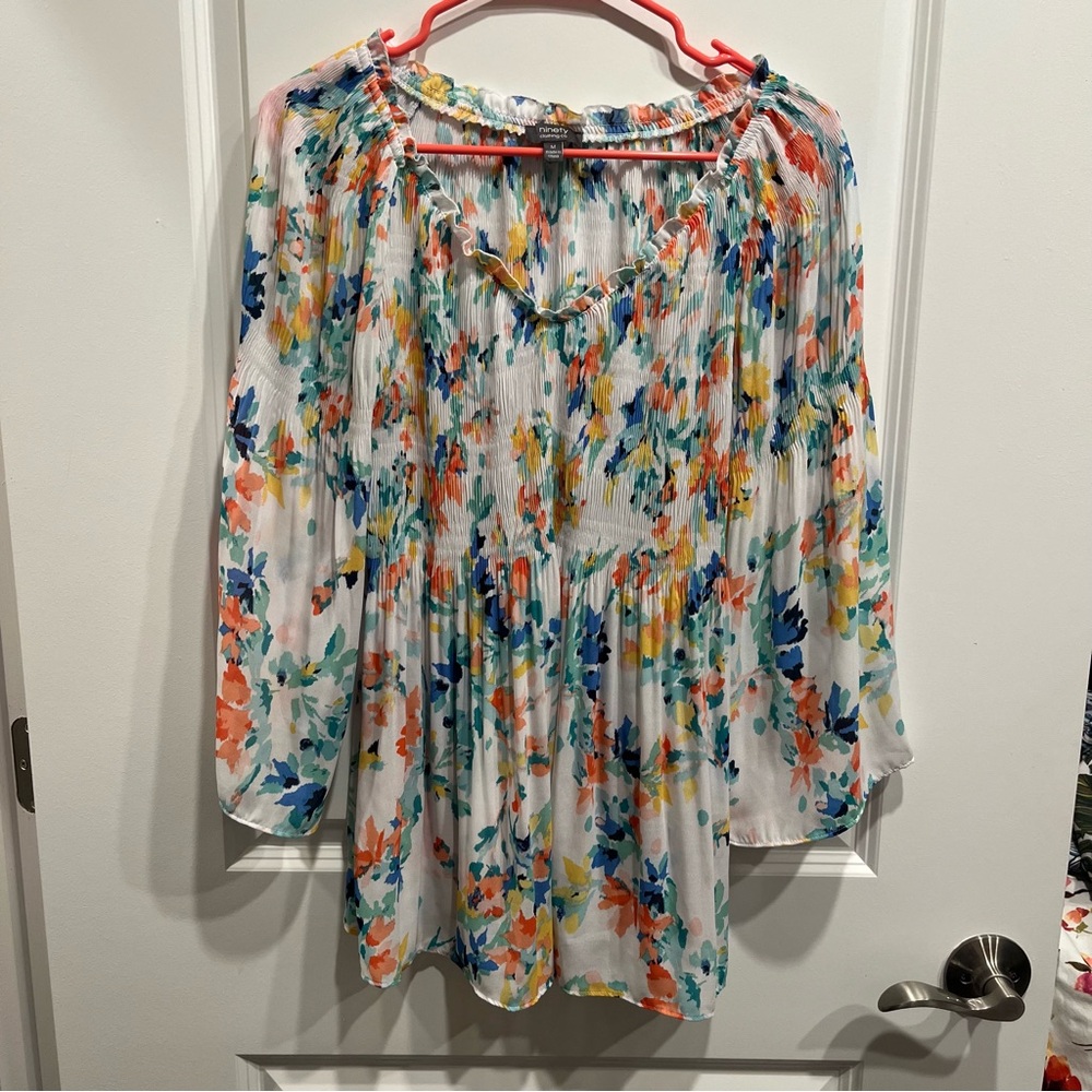 Ninety Clothing Co Shirt Women's M Floral Bohemian Boho Hippie 3/4 Bell …